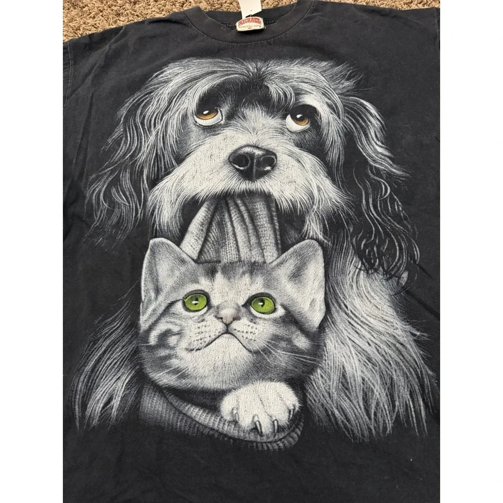 Vintage Y2K Michael Athletic Dept Dog And Cat T-Shirt Black Double Sided Sz XL